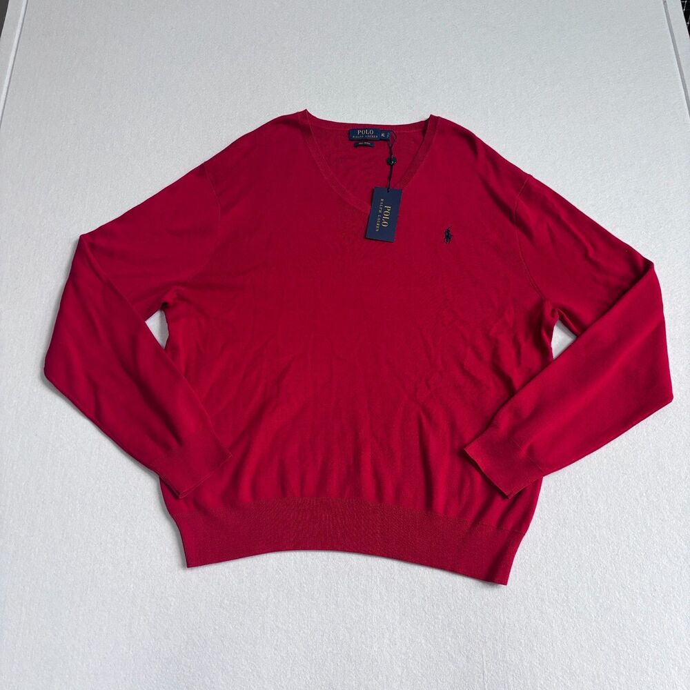 Polo Ralph Lauren V Neck Sweater Mens XL Red Pima Cotton Preppy Classic NWT